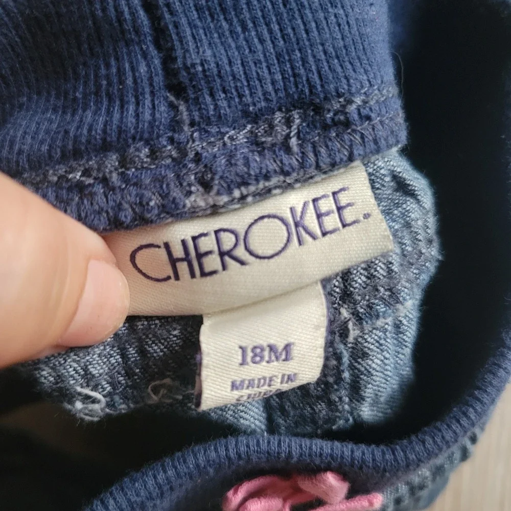 Cherokee Denim Shorts Girls 18M Blue Elastic Waist Pink Bow Casual Summer Cotton
